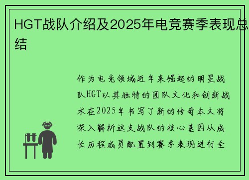 HGT战队介绍及2025年电竞赛季表现总结